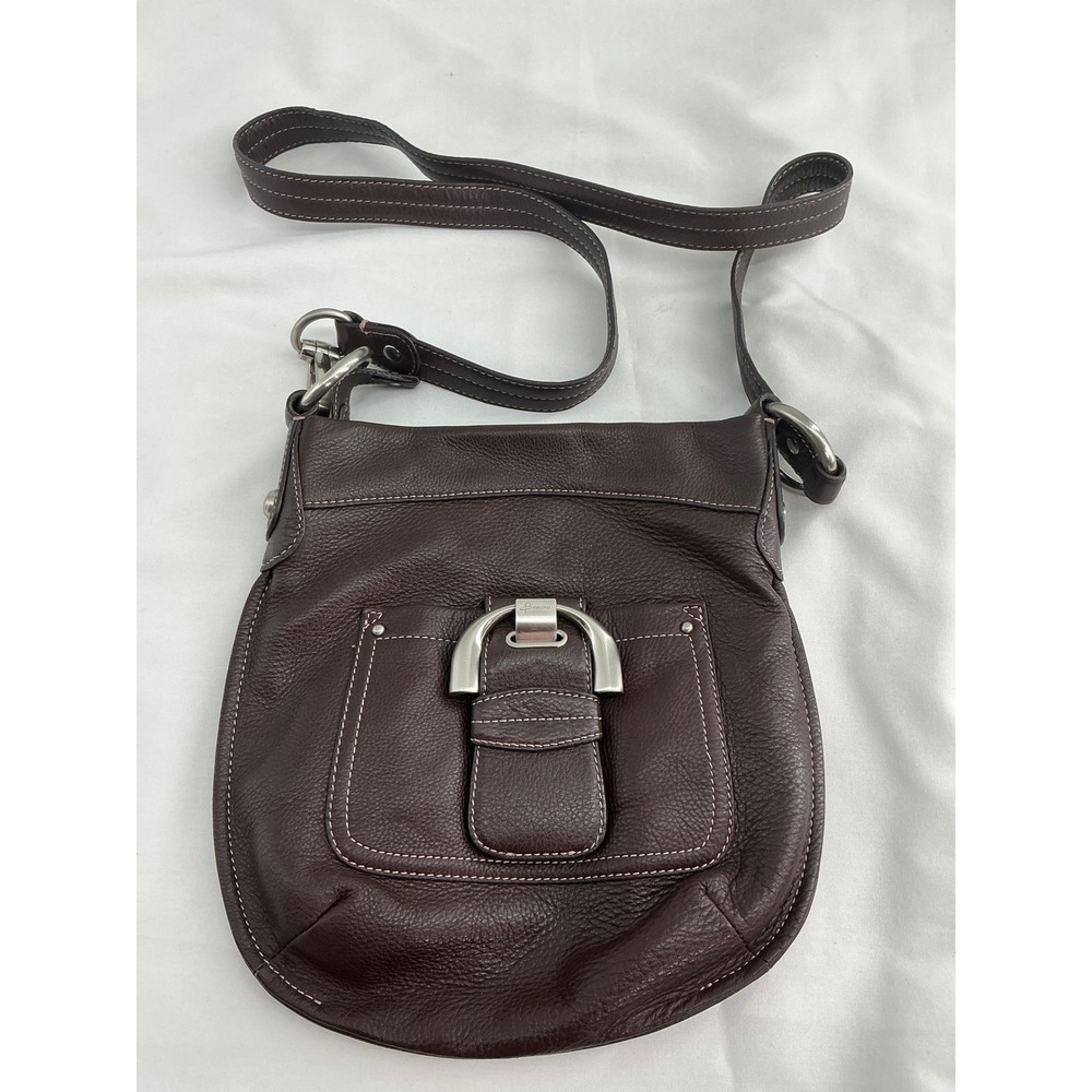 B. Makowsky Dark Brown Pebbled Leather Crossbody Bag Silver Hardware Leopard
